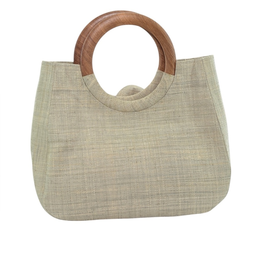 Mar Y Sol Neutral Tan Raffia Tropical Resort Handbag Tote Flower Wooden Handles - Picture 2 of 11
